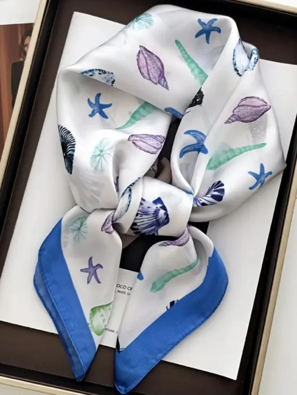 Silk-feel Seashell & Starfish Print  Scarf with Blue  Head Scarf , Neck Scarf